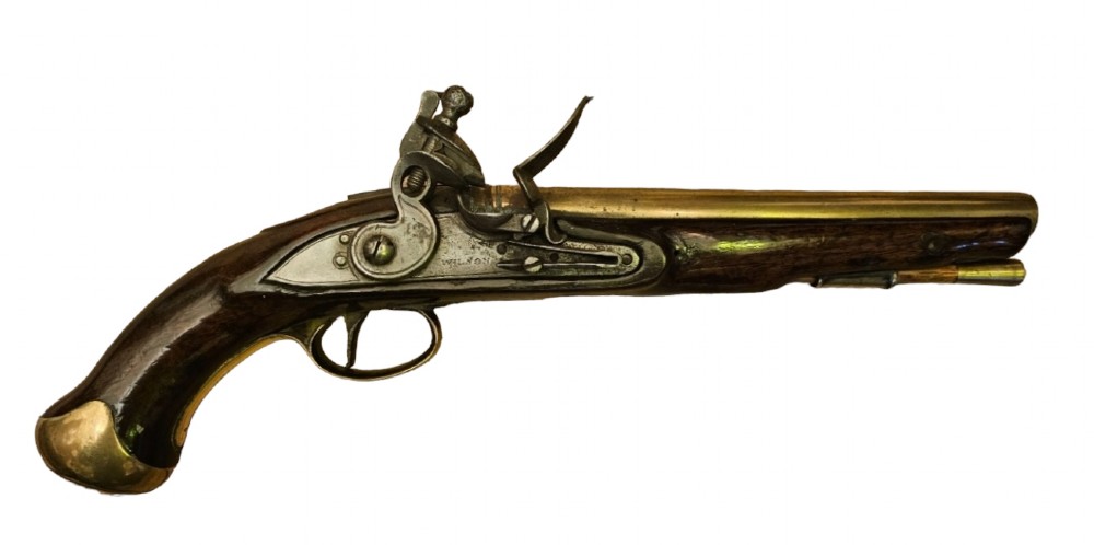 A late 18th-century Light Dragoon service flintlock pistol featuring a brass barrel, dark walnut stock, and steel ignition lock mechanism.