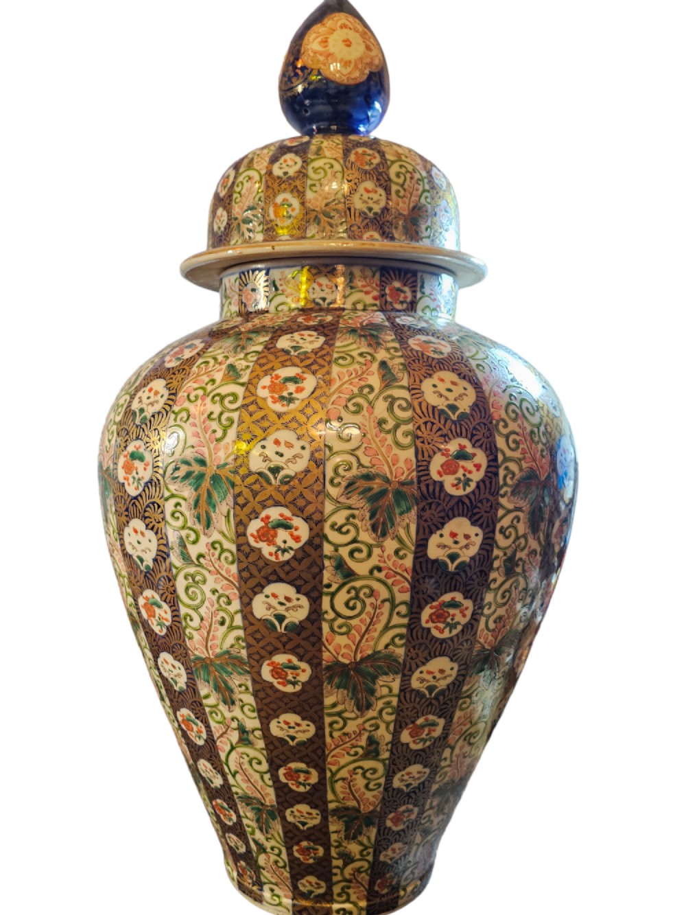 Large Japanese 19th century, Imari blue panel gilded & floral covered Vase or Urn. 