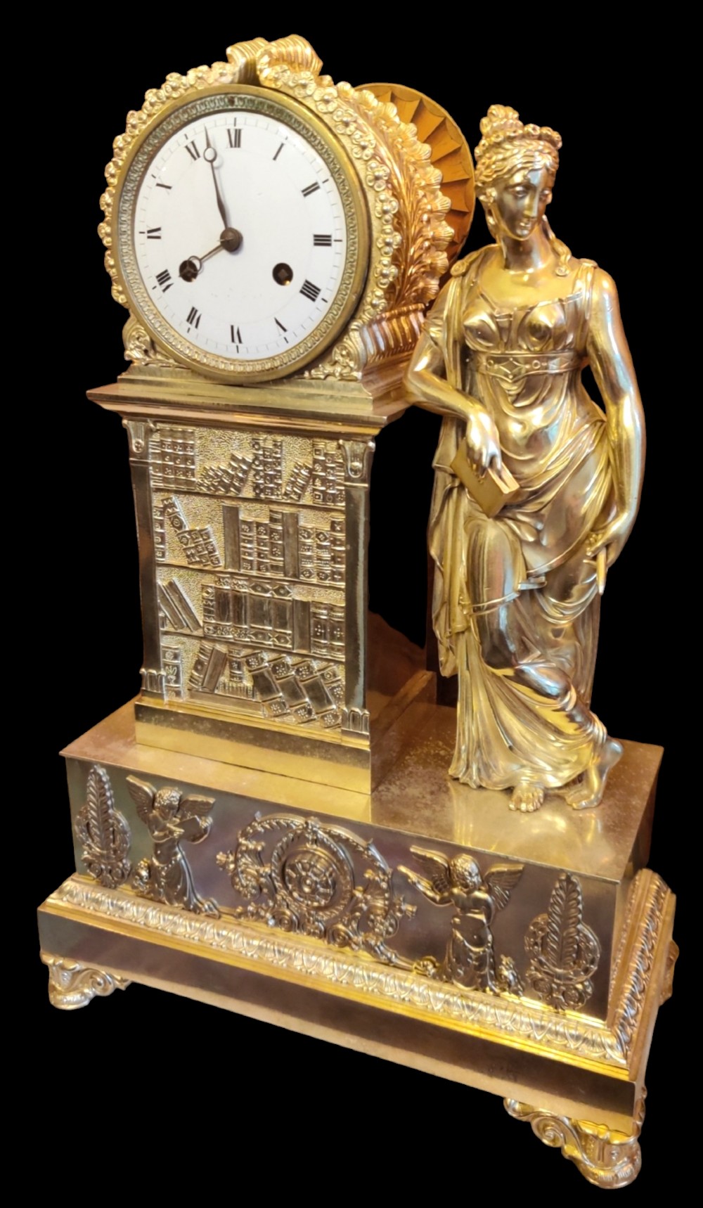 A RARE EMPIRE GILT BRONZE LIBRARY, FIGURAL MANTEL CLOCK, By 