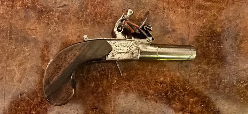 An 18th-century flintlock box-lock pocket pistol featuring a dark wooden grip, engraved steel receiver, and turn-off barrel. View XXVII