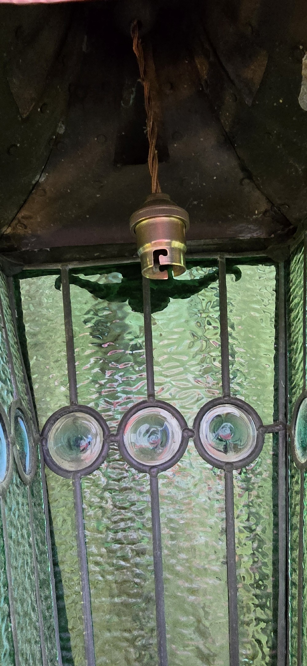 Arts & Crafts, Stained glass Hanging Lantern. Hand crafted in Bronze. English circa 1900; electrified.  With the original stained leaded glass  with  original finish. View XIII