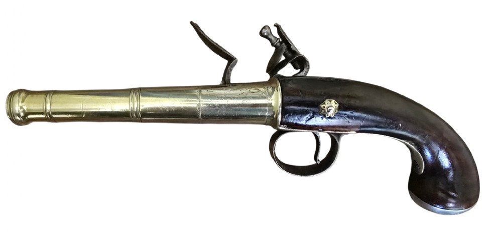 A pair of 18th-century English flintlock turn-off pistols featuring brass cannon barrels, steel lock mechanisms, and smooth walnut stocks. View XXV