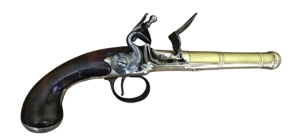 A pair of 18th-century English flintlock turn-off pistols featuring brass cannon barrels, steel lock mechanisms, and smooth walnut stocks. View XXVIII