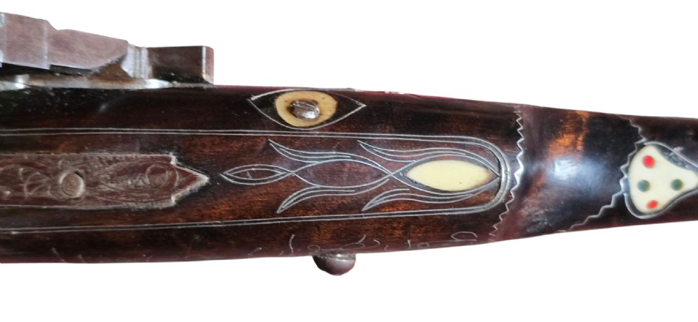 A fine Moroccan Snaphance Jezail Musket with silver Inlay Decoration. Circa 1889 View III