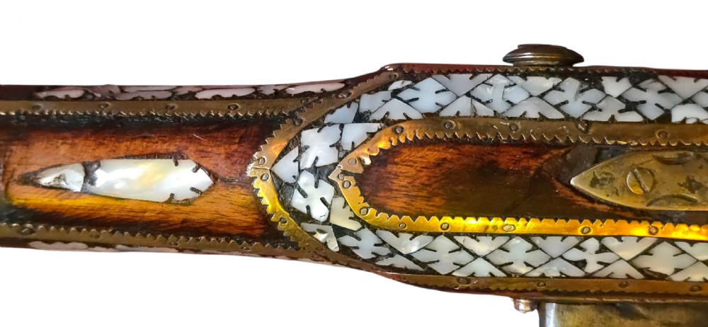 Fine Indo - Muslim Flintlock Musket/Jezail, extensively decorated with inset brass and Mother-of-Pearl Inlay, complete with Afghan stock c.1780–1820 View XVI