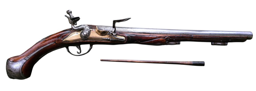 Fine German 18th C. Flintlock Holster Pistol by Hofmann, c.1750. With an ornately carved Walnut stock & brass lockplate.  View VI