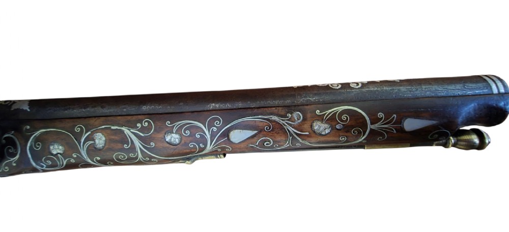 Ottoman/Balkan Silver-Inlaid Miquelet Pistol – Late 18th to Early 19th Century. Profusely decorated with silver inlay.  View II