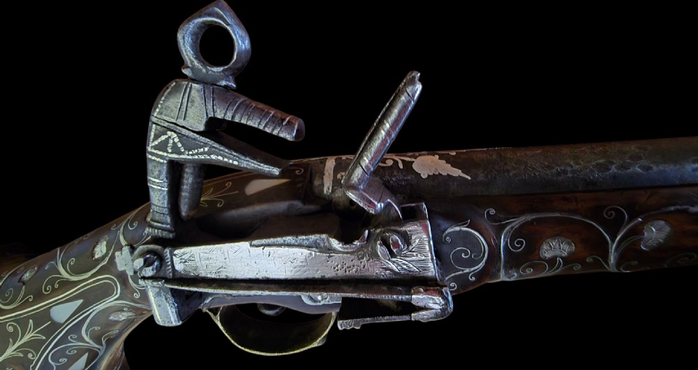 Ottoman/Balkan Silver-Inlaid Miquelet Pistol – Late 18th to Early 19th Century. Profusely decorated with silver inlay.  View XIX