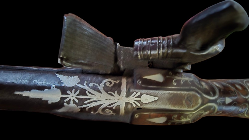 Ottoman/Balkan Silver-Inlaid Miquelet Pistol – Late 18th to Early 19th Century. Profusely decorated with silver inlay.  View XXIV