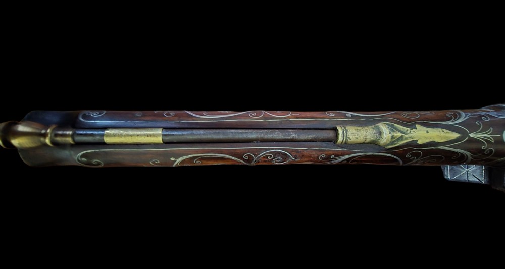 Ottoman/Balkan Silver-Inlaid Miquelet Pistol – Late 18th to Early 19th Century. Profusely decorated with silver inlay.  View XXVI