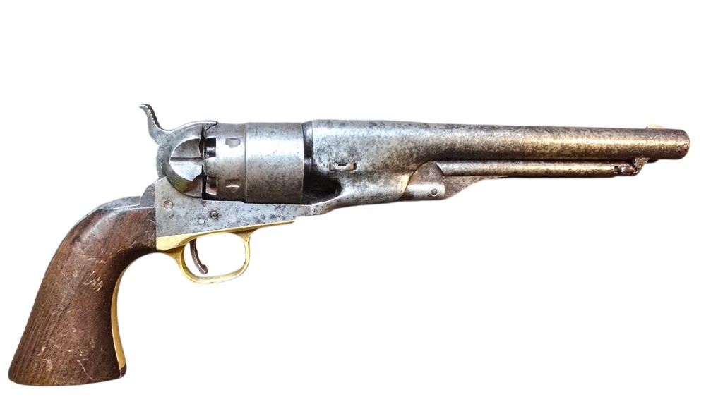 A 19th-century Colt Model 1860 Army percussion revolver featuring a steel barrel, creeping lever mechanism, brass trigger guard, and dark walnut grip.
