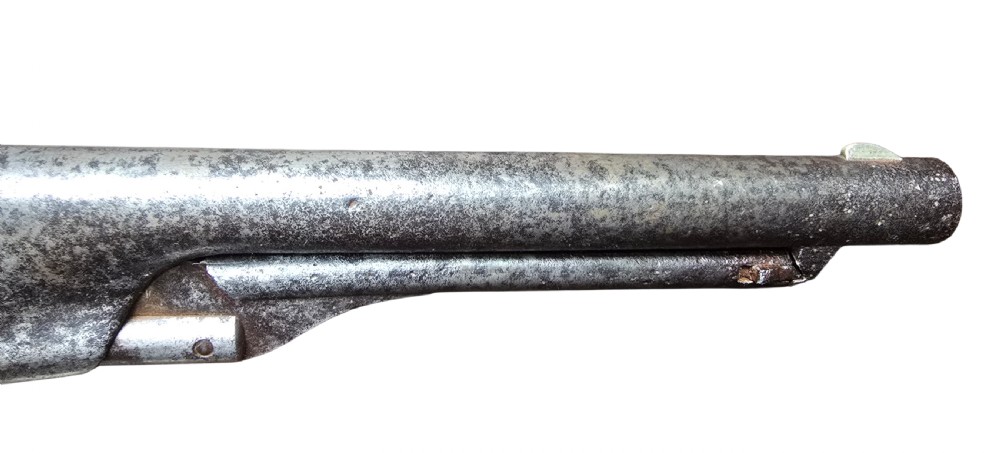A 19th-century Colt Model 1860 Army percussion revolver featuring a steel barrel, creeping lever mechanism, brass trigger guard, and dark walnut grip. View VII