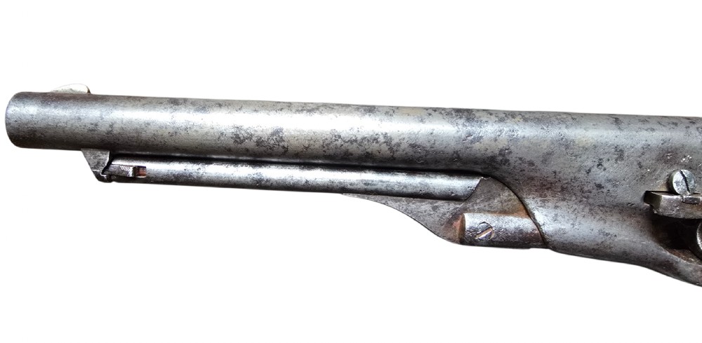 A 19th-century Colt Model 1860 Army percussion revolver featuring a steel barrel, creeping lever mechanism, brass trigger guard, and dark walnut grip. View X
