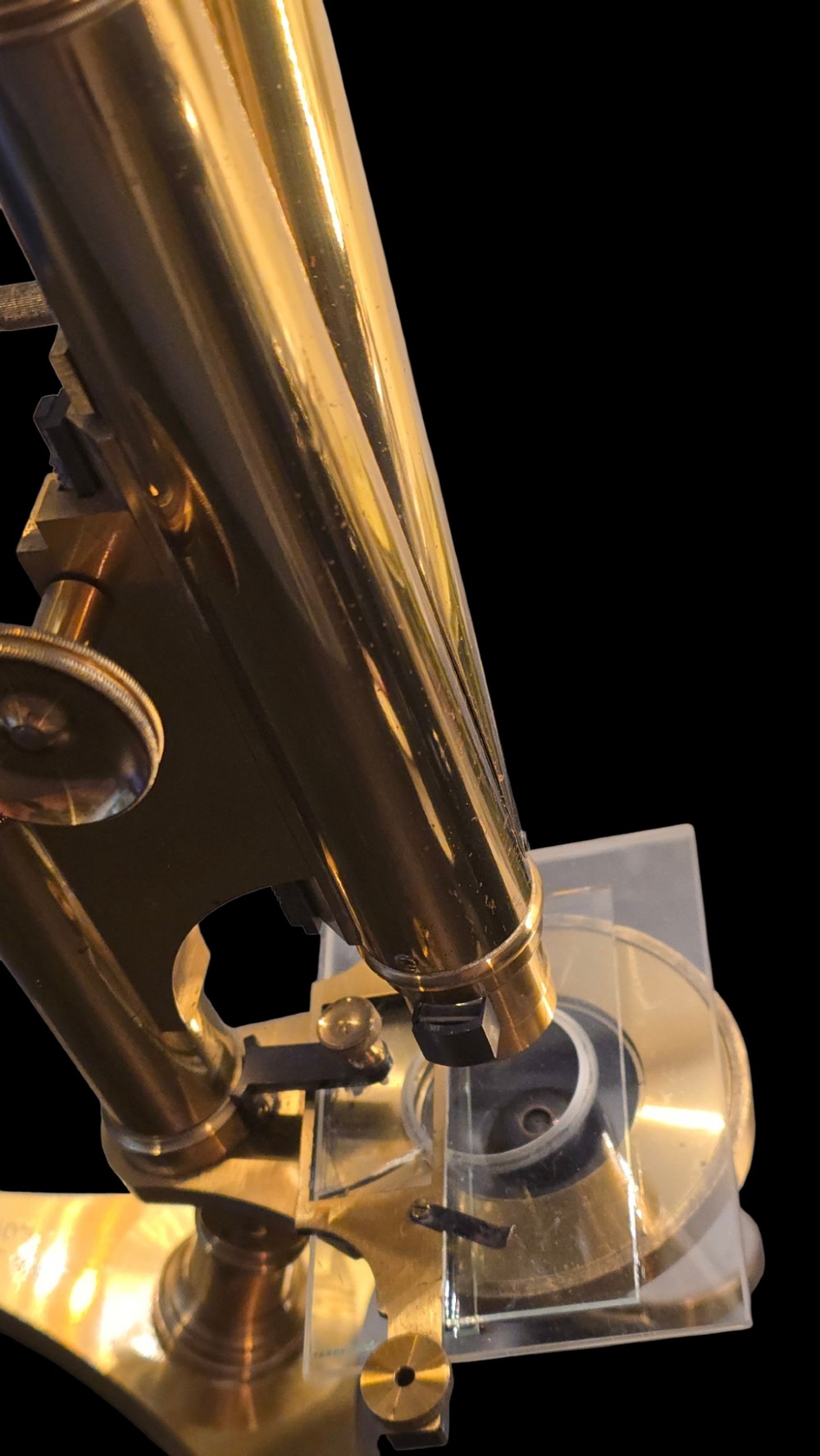 A Victorian lacquered brass binocular microscope featuring dual body tubes, knurled adjusting wheels, a stage plate, and a solid brass tripod foot. View XIII