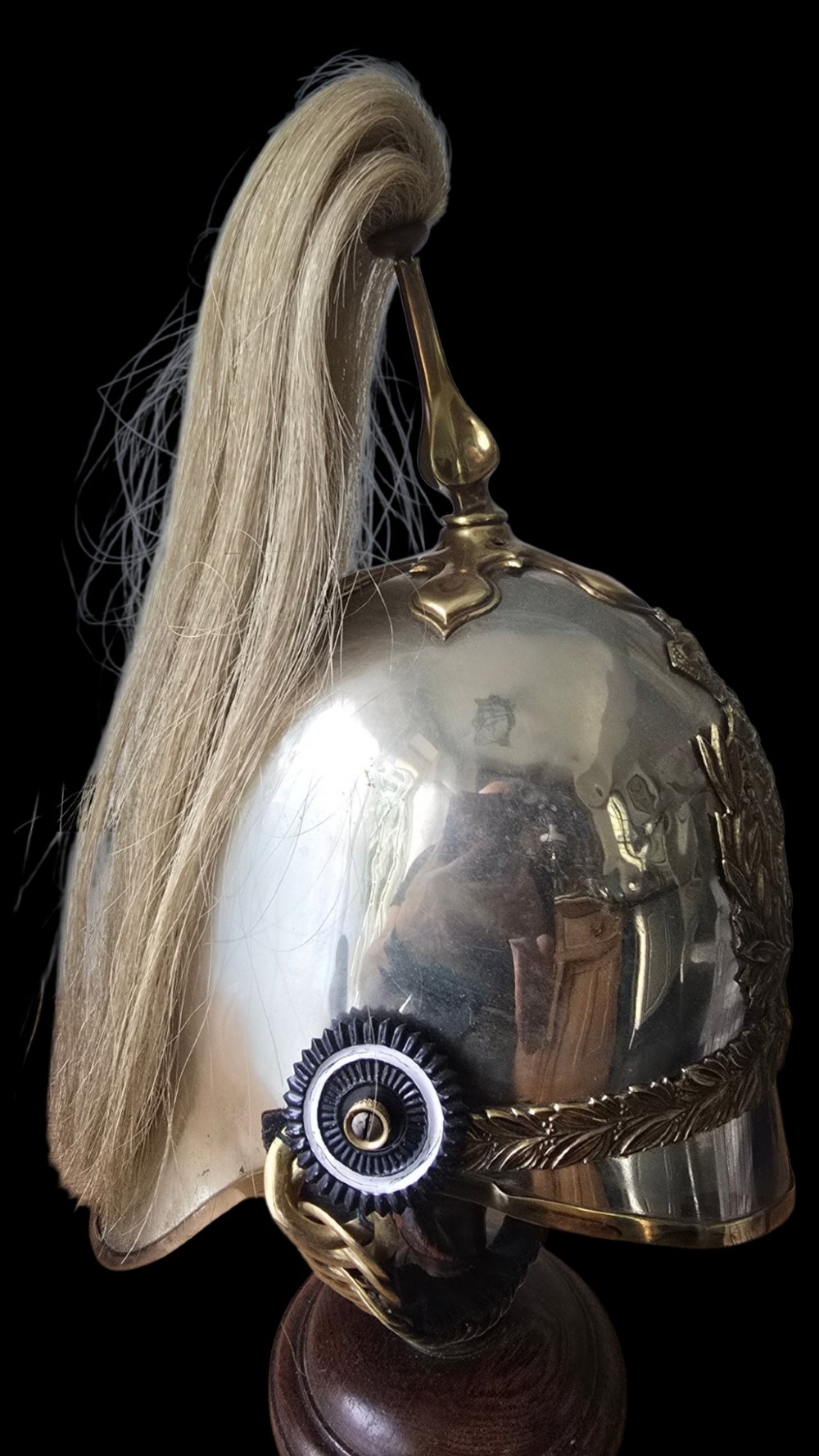 Victorian 1871 pattern officers cavalry helmet constructed from white metal with gilt foliage emblem and a white horsehair plume. View III