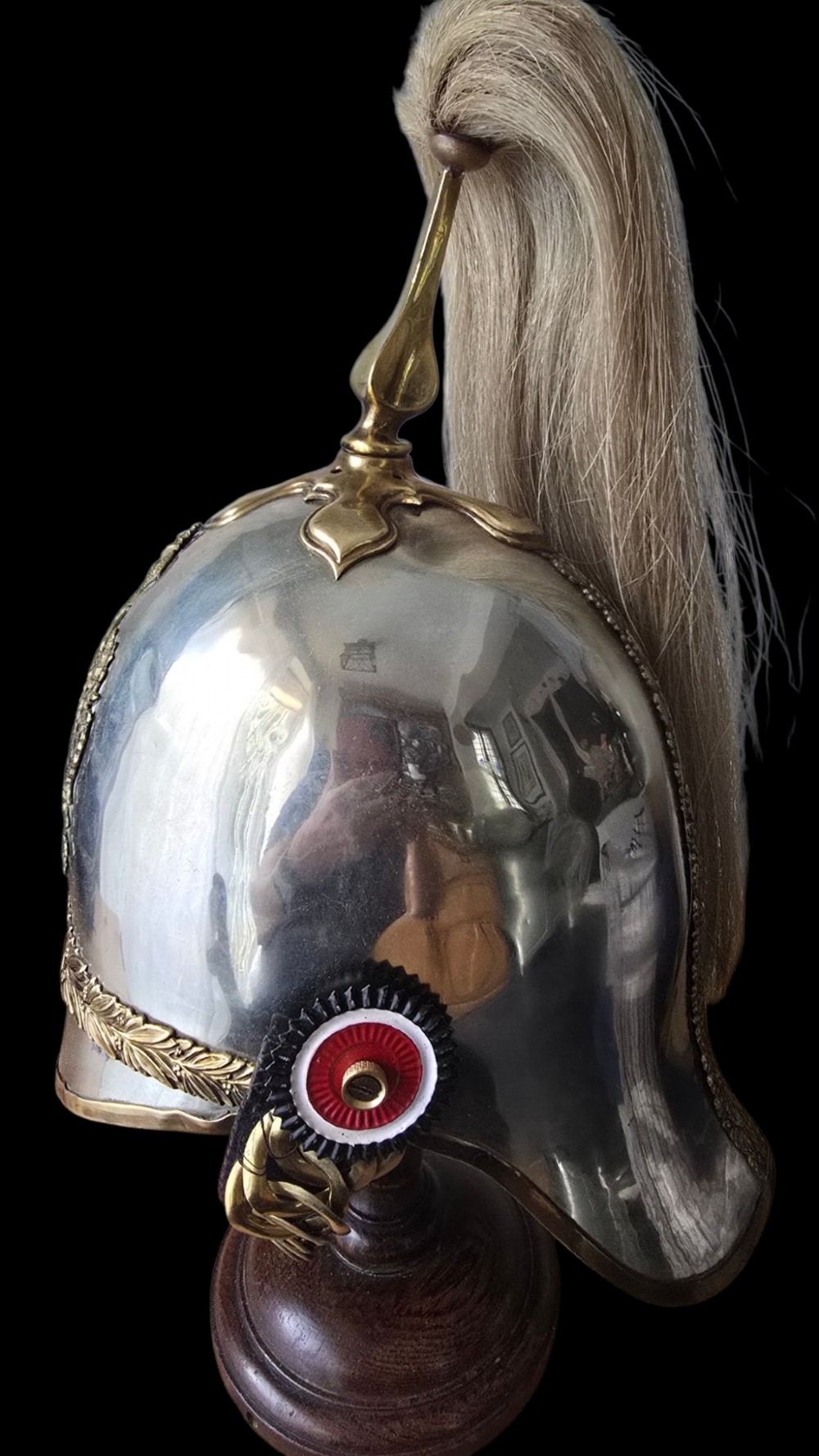 Victorian 1871 pattern officers cavalry helmet constructed from white metal with gilt foliage emblem and a white horsehair plume. View V
