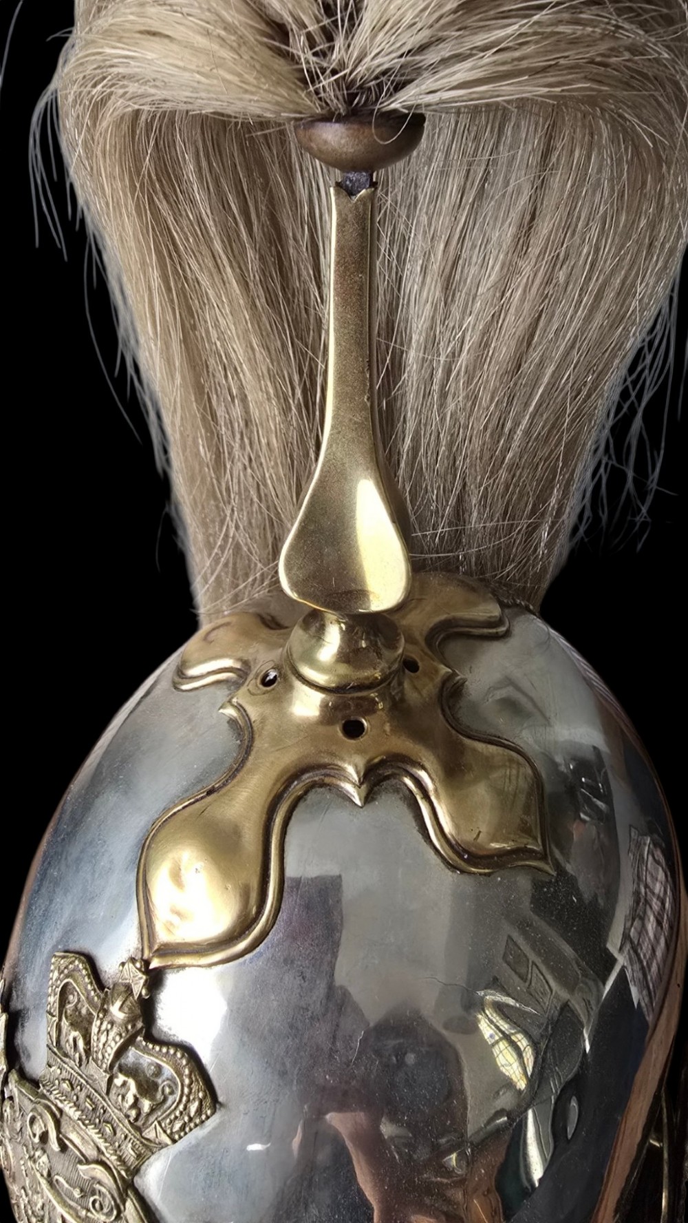 Victorian 1871 pattern officers cavalry helmet constructed from white metal with gilt foliage emblem and a white horsehair plume. View VI