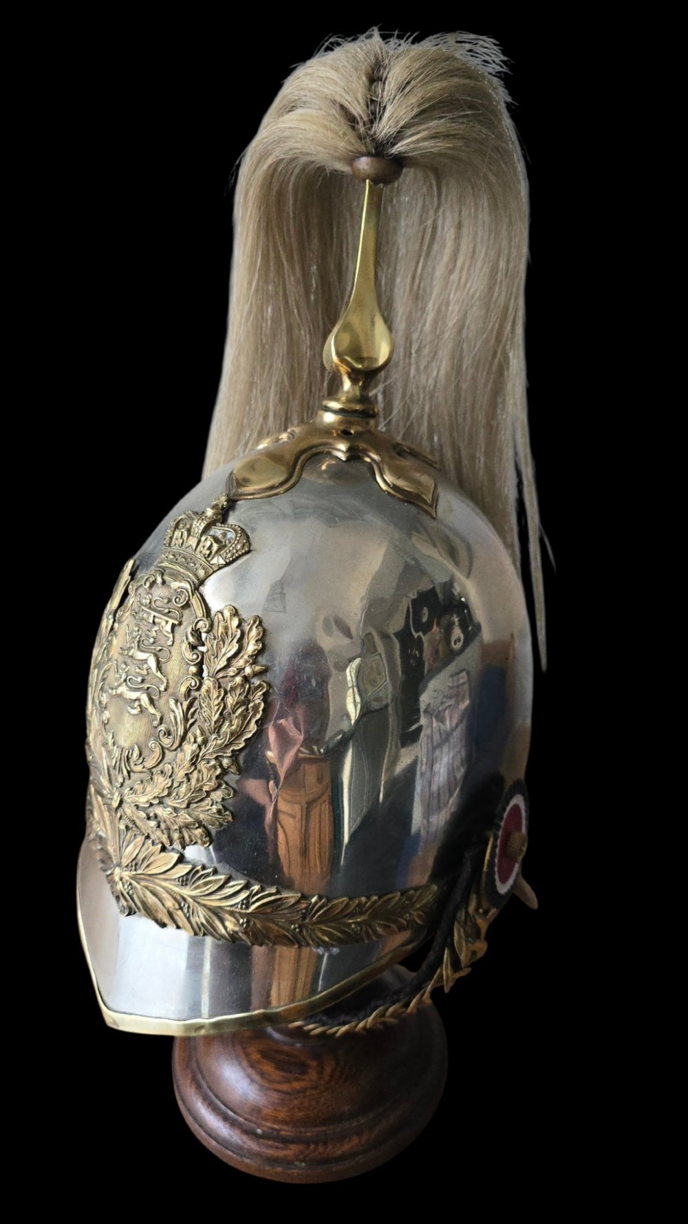 Victorian 1871 pattern officers cavalry helmet constructed from white metal with gilt foliage emblem and a white horsehair plume. View IX