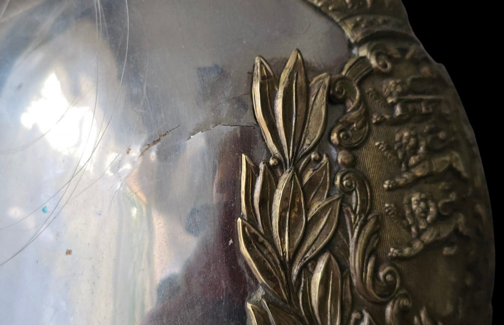 Victorian 1871 pattern officers cavalry helmet constructed from white metal with gilt foliage emblem and a white horsehair plume. View X