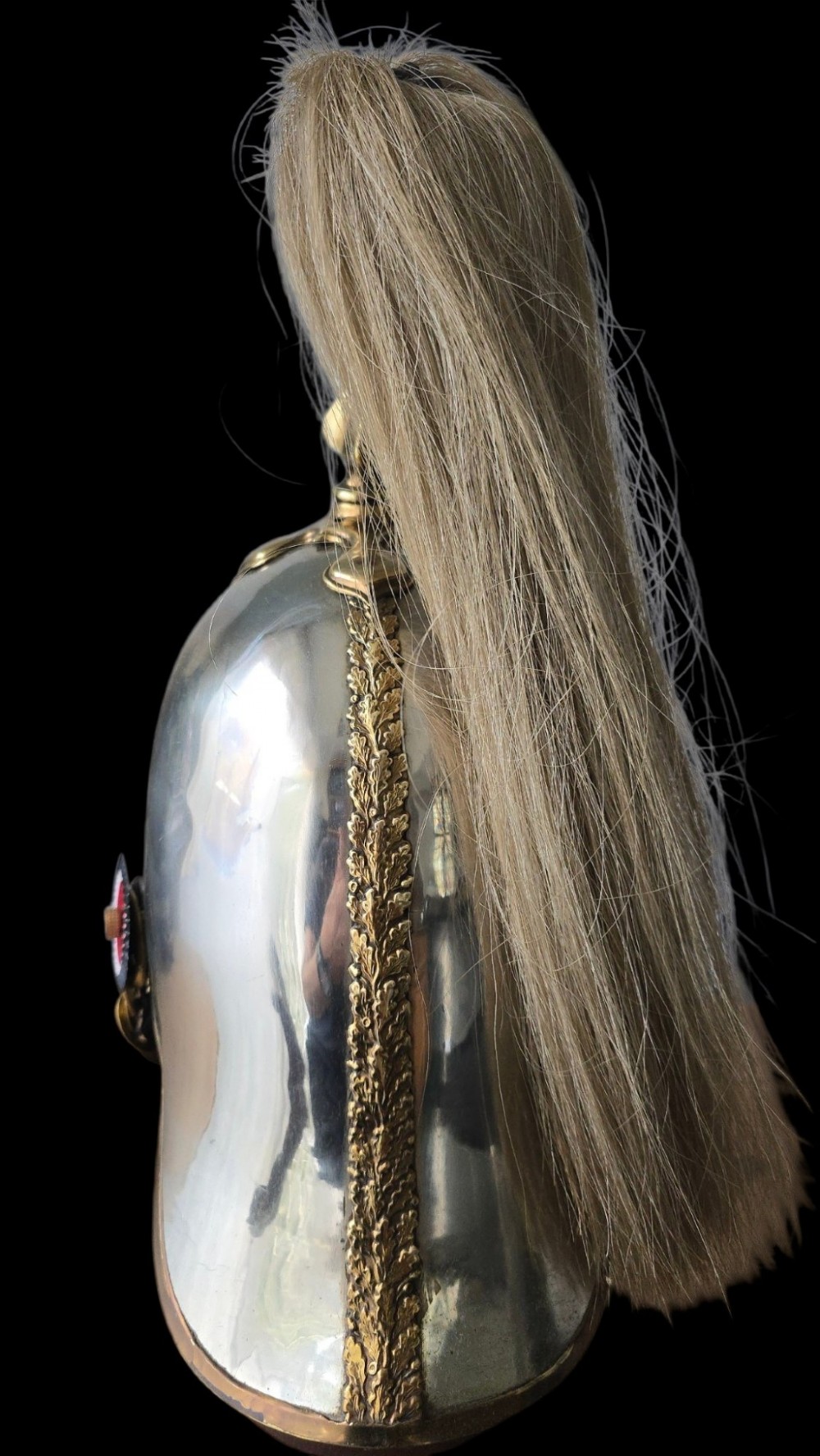 Victorian 1871 pattern officers cavalry helmet constructed from white metal with gilt foliage emblem and a white horsehair plume. View XII