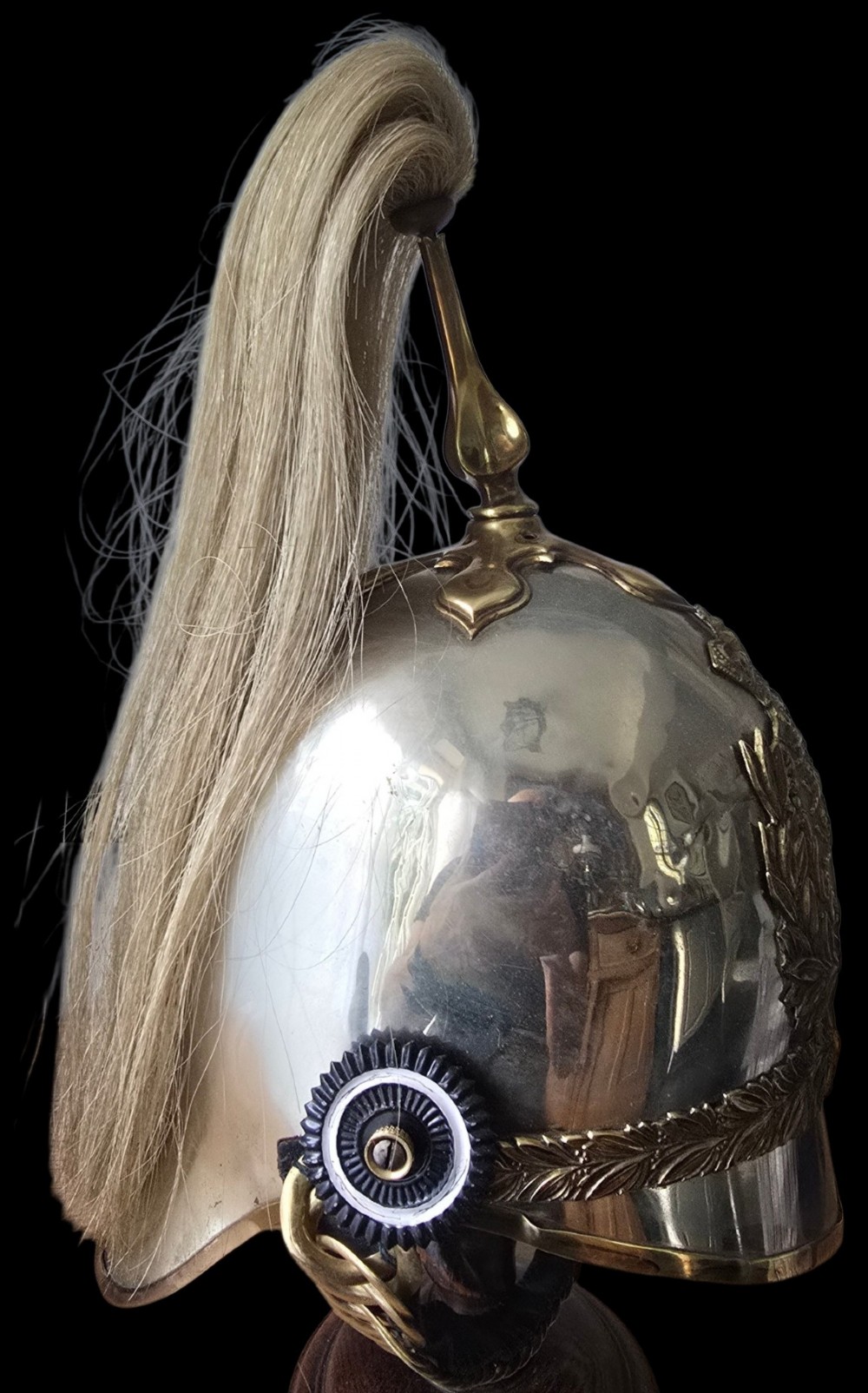 Victorian 1871 pattern officers cavalry helmet constructed from white metal with gilt foliage emblem and a white horsehair plume. View XIII