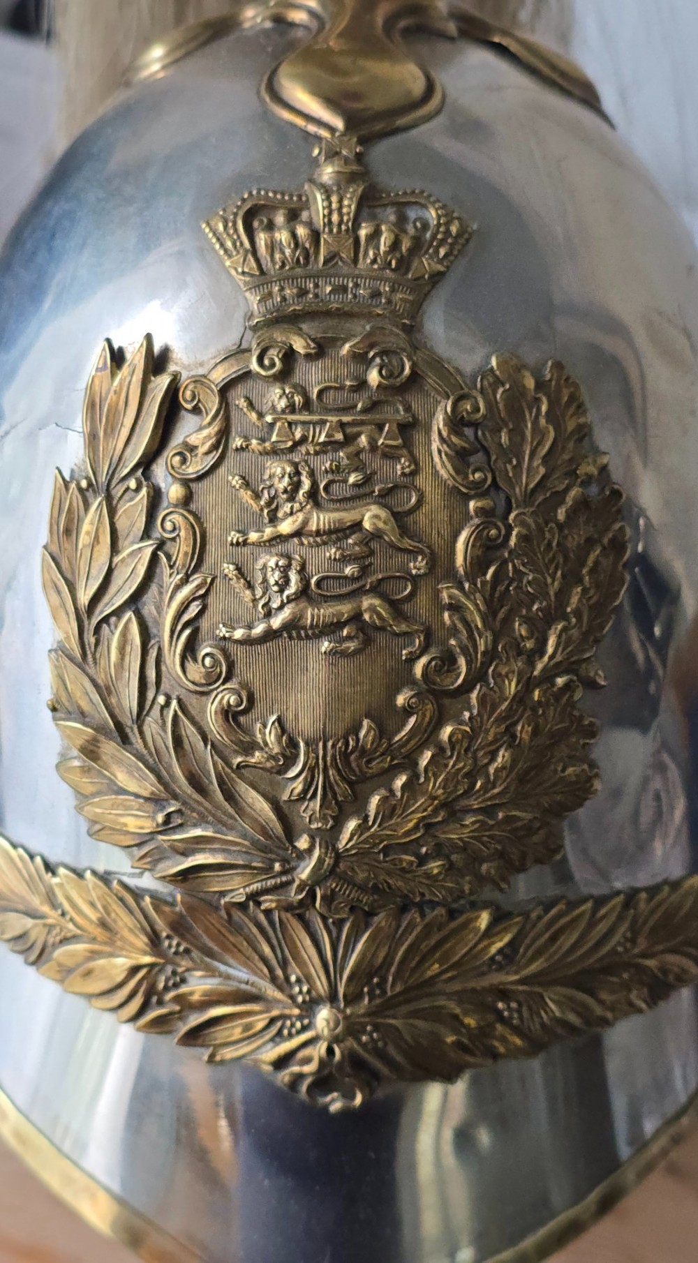 Victorian 1871 pattern officers cavalry helmet constructed from white metal with gilt foliage emblem and a white horsehair plume. View XIV