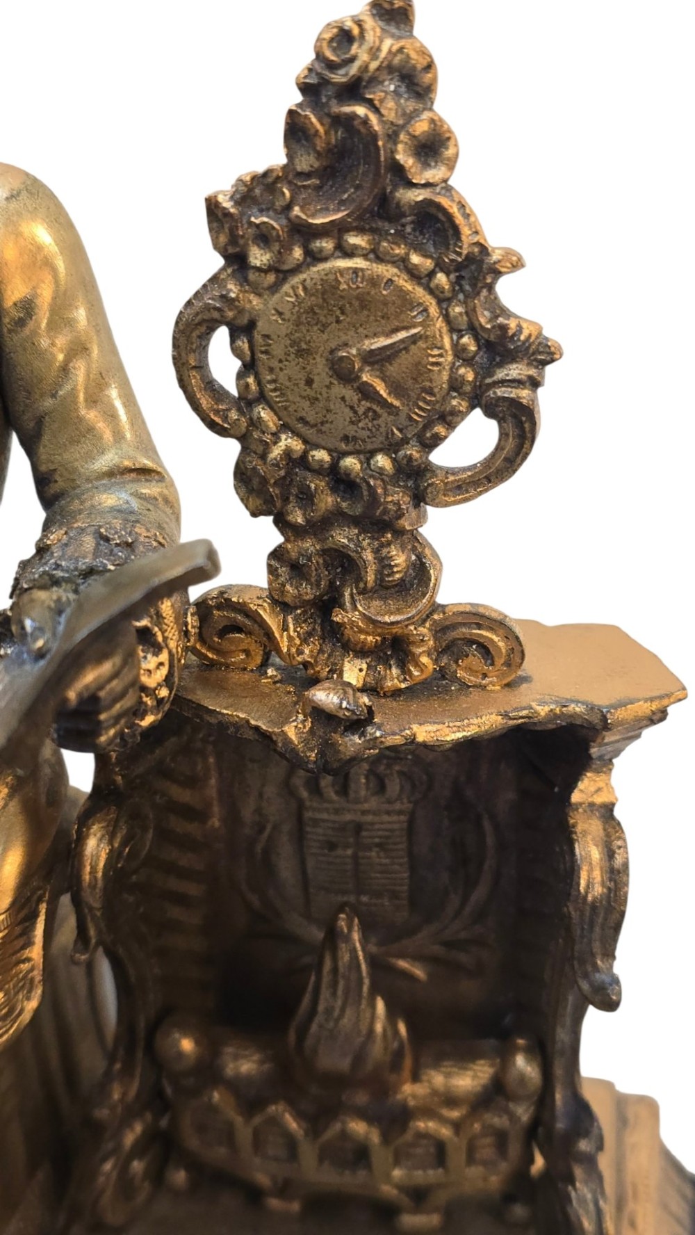 A 19th-century French gilt bronze sculpture depicting a seated gentleman in historic dress holding a quill, supported by an ornate black base with metallic scroll feet. View V
