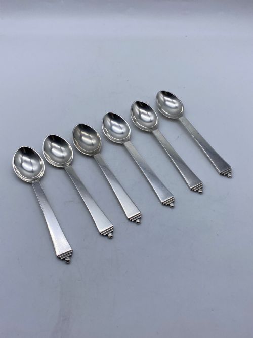 Set of Six 925 Silver Spoons.Pyramid Art Deco design,Soren Georg Jensen.c.1930