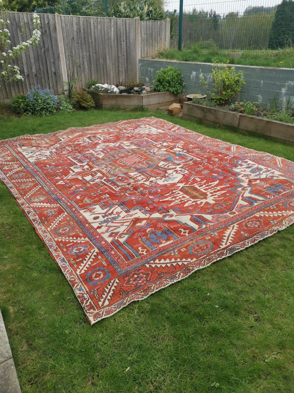 A rectangular Persian Heriz hand-knotted wool carpet featuring a red geometric field with a central star medallion, cream corner spandrels, and multi-banded borders. View II