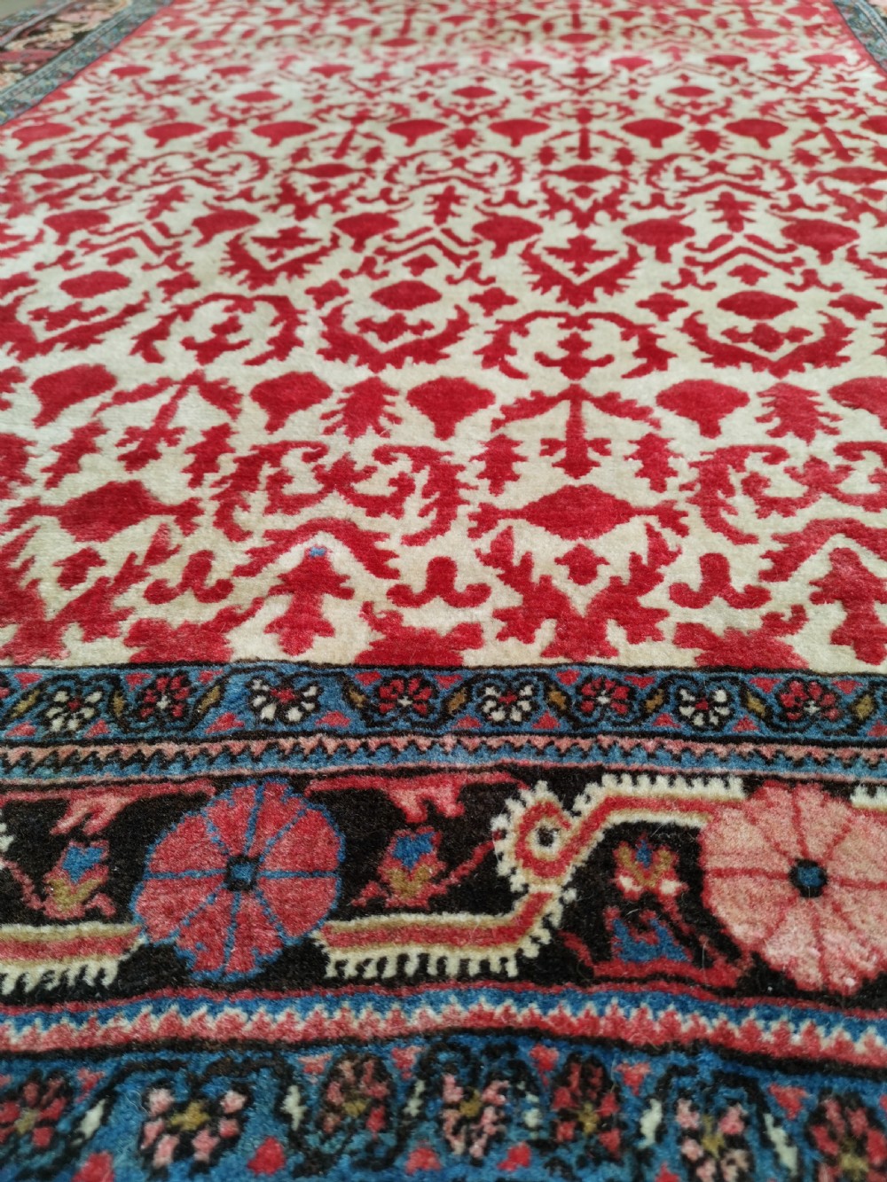 A hand-knotted rectangular antique Sarouk wool rug featuring a crimson red repeating floral pattern on a cream ground framed by a dark floral border. View V