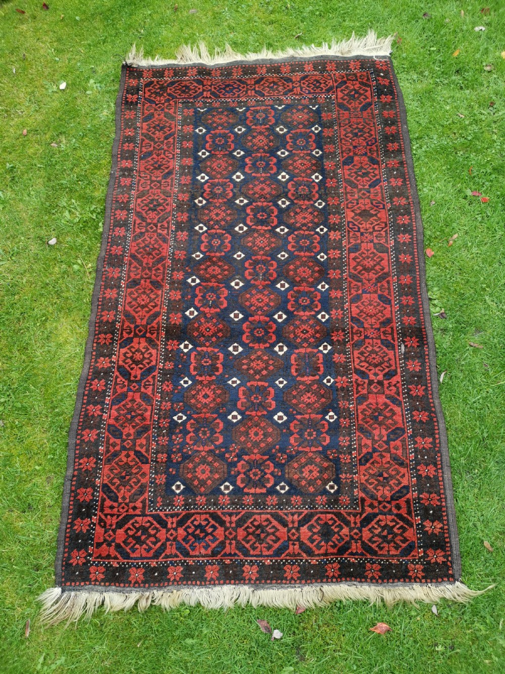 A hand-knotted Belouch wool rug featuring dark indigo blue and deep red geometric motifs framed by a decorative patterned border and cream fringes.