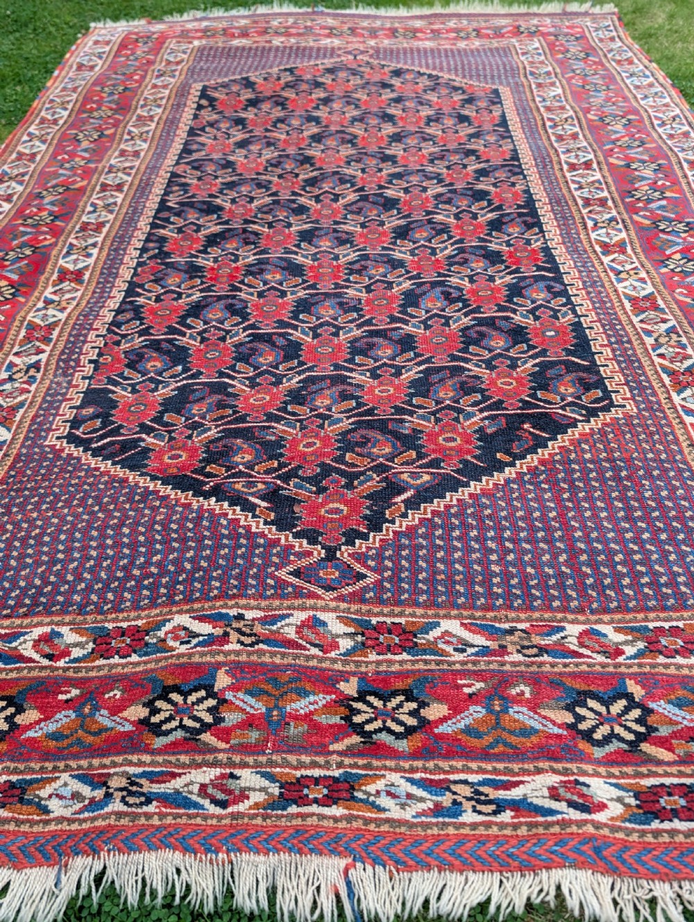An antique hand-knotted Afshar rug featuring a navy hexagonal central field filled with red boteh motifs surrounded by ornate multi-band red borders. View V