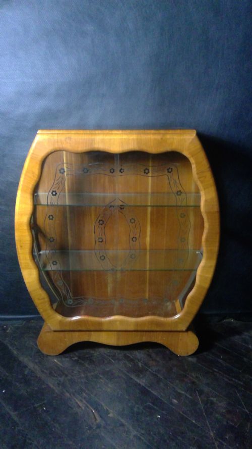 art deco period blond  walnut  sliding door display cabinet with bowed glass ends and glass shelves