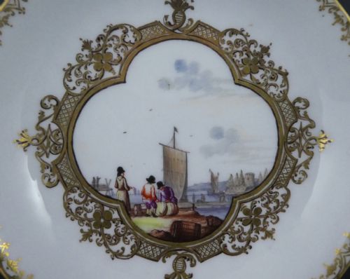 fig 1. Meissen porcelain moulded saucer. Harbour scene, c. 1735.