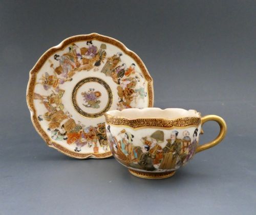 Satsuma Pottery Cup and Saucer, Ryokuzan. Meiji Period.