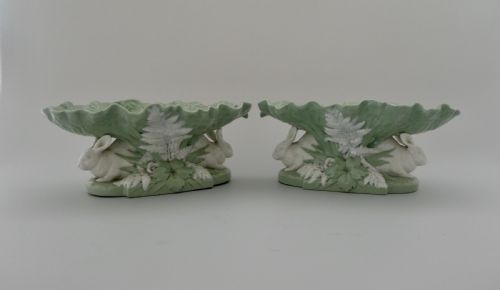 Pair Minton Porcelain Rabbit Comports, Dated 1869.