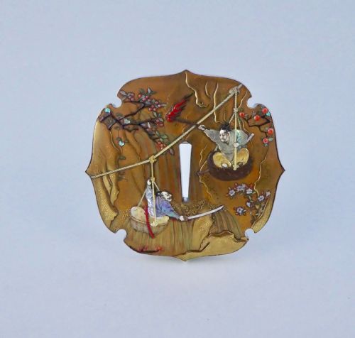 Japanese Gold Lacquer & Shibayama Tsuba. Signed Shinzan. Meiji Period.