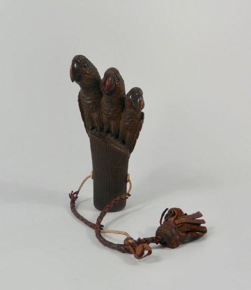 Carved Wood Cane Handle, as Parrots, C. 1890.