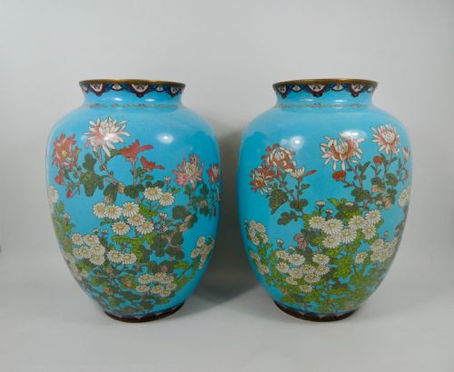 Pair of Large Japanese Cloisonne Vases, Meiji Period.