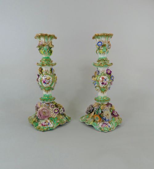 Pair Coalport Flower Encrusted Porcelain Candlesticks, C. 1830.