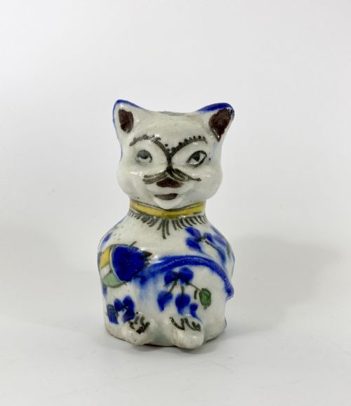 Qajar Pottery Seated Cat. Iran, C. 1890.