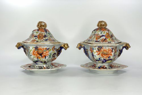 Pair Masons Ironstone Tureens, Covers and Stands, C. 1815.