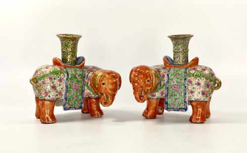 Pair Chinese Porcelain Elephant Joss Stick Holders, C. 1850. Qing Dynasty.