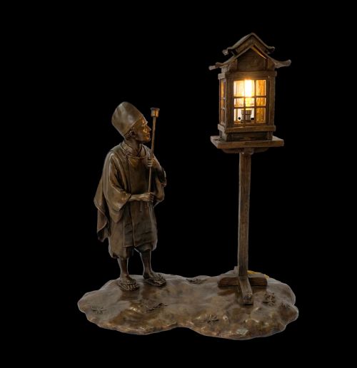 Japanese Bronze Okimono Lamp. Yoshitani, Meiji Period.