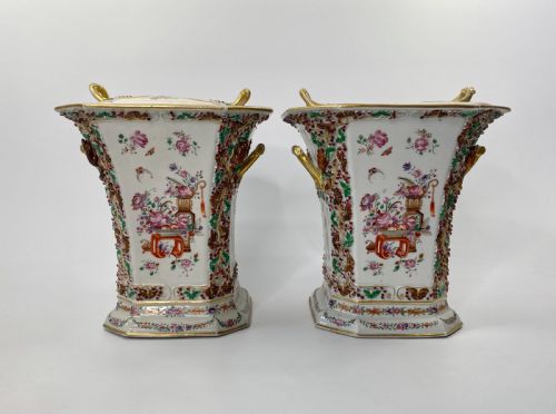 Pair Chinese Porcelain Bough Pots & Covers, C. 1760. Qianlong Period.