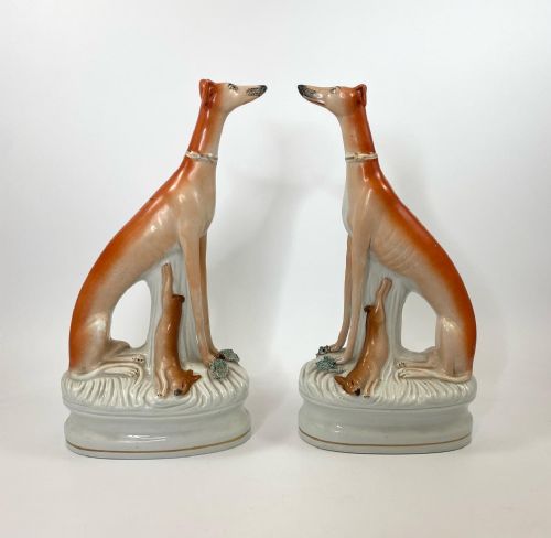 Pair Staffordshire Pottery Greyhounds, C. 1860.