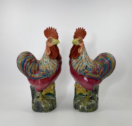 Pair Chinese Porcelain Cockerels, C. 1900. Qing Dynasty