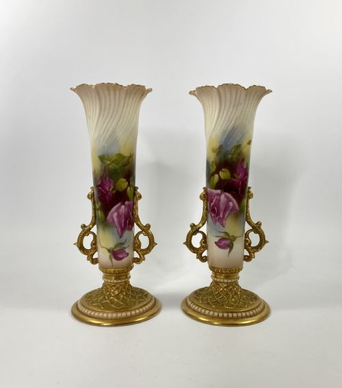 Royal Worcester Pair of Vases. Roses. Dated 1915.