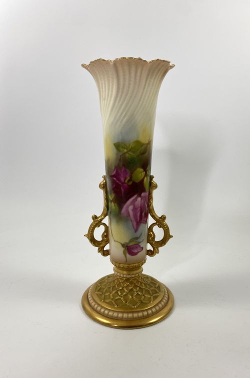 fig 1. Royal Worcester pair of vases. Roses. dated 1915.
