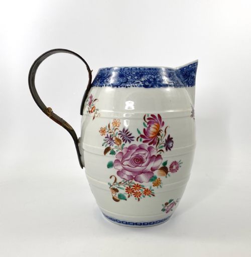 Chinese Porcelain Cider Jug, C. 1770. Tinkers Repaired Handle.